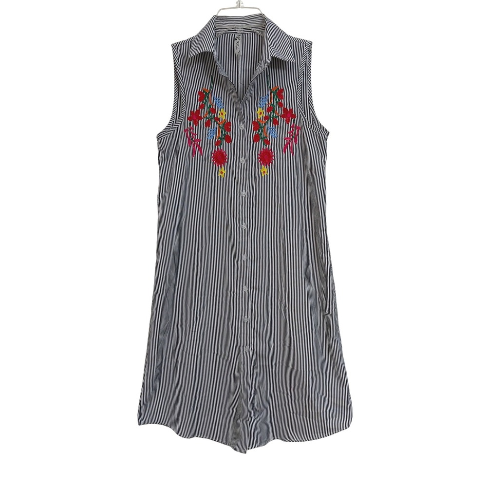 Magic Womens Floral Embroidered Striped Sleeveless Button Down Shirt Dress S